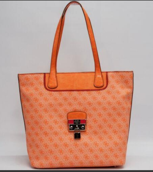 Guess by Marciano Handbags - Guess Hewitt Orange Multi Signature Handbag Purse